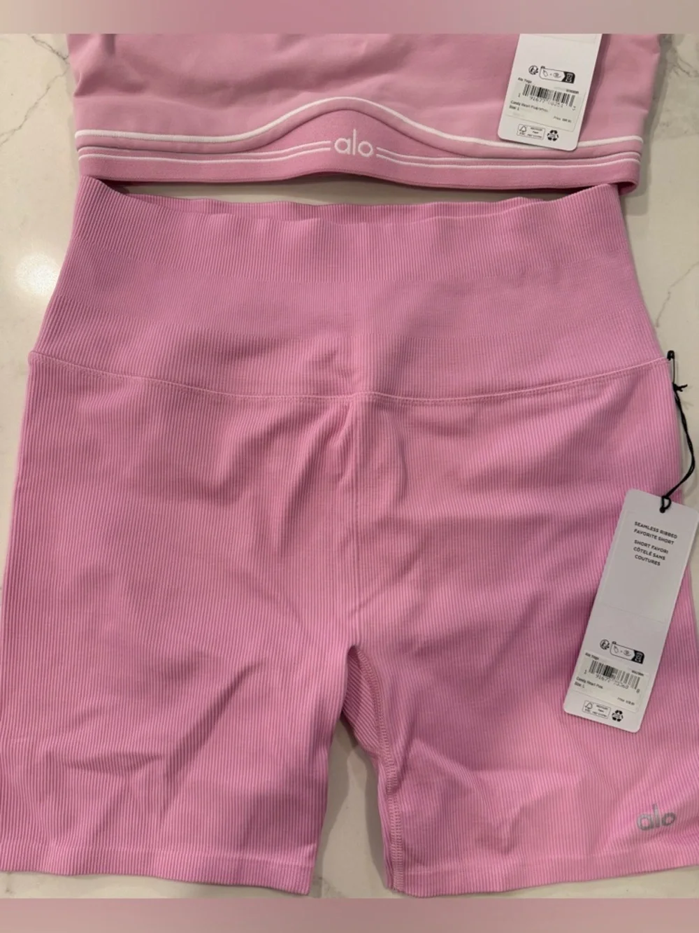 Alo Pink Ribbed Sports Bra & Bike Shorts Set and Candy heart pink - Picture 3 of 4
